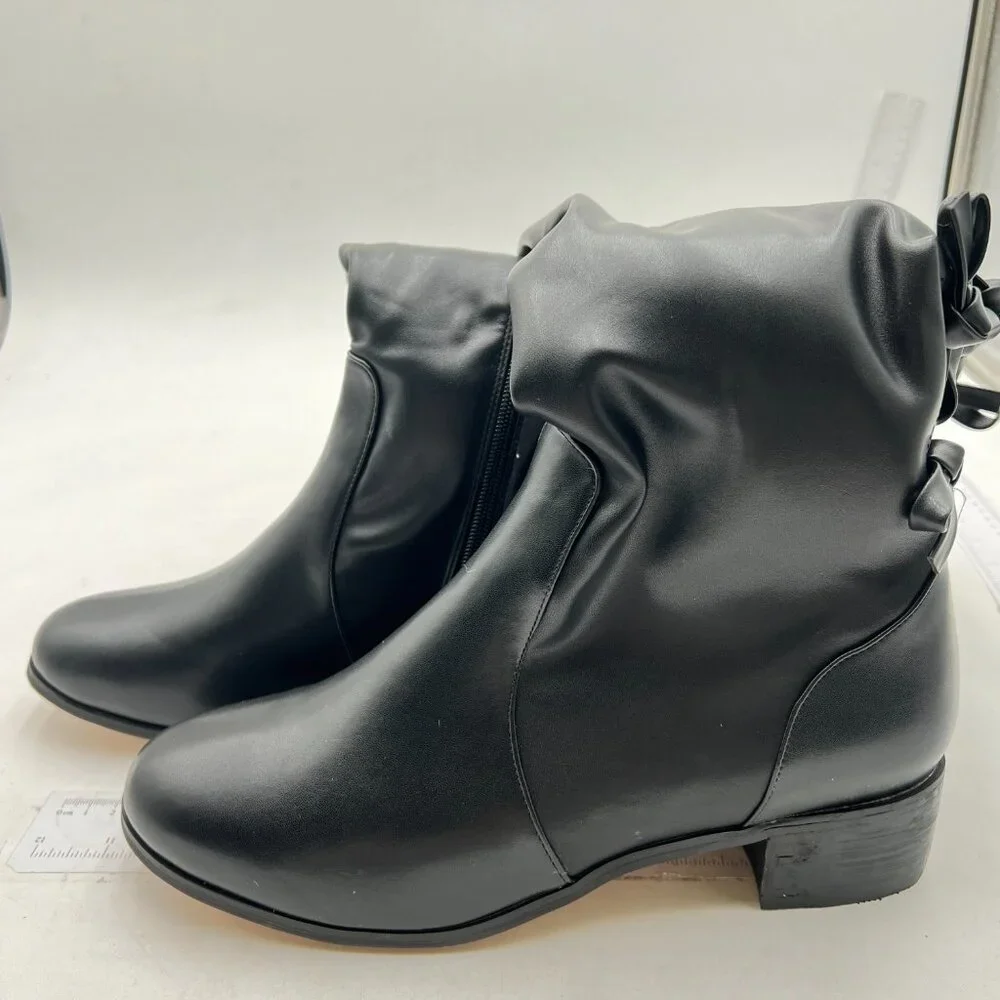 XYD Women Over The Knee Thigh High Leather Boots Chunky Heel Round Toe Black